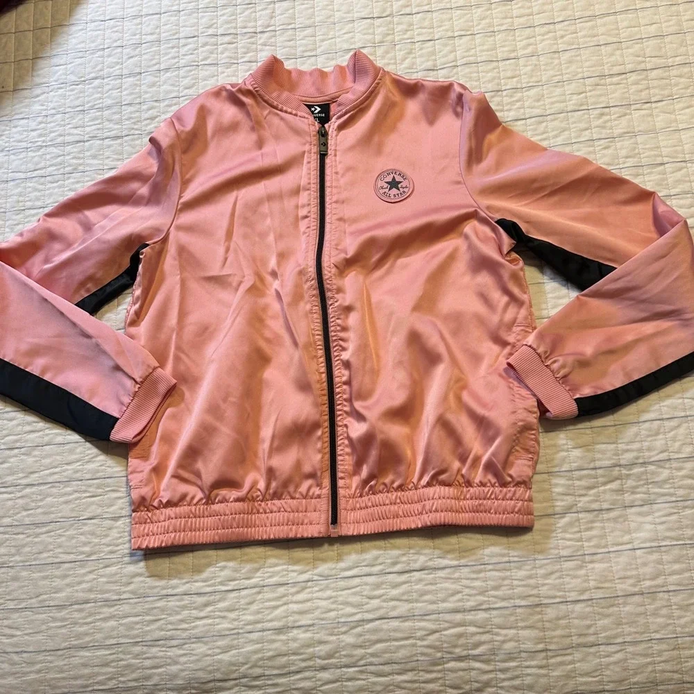 Converse All Star Kids XL Pink Satin Bomber Track Jacket Full Zip Black Stripe